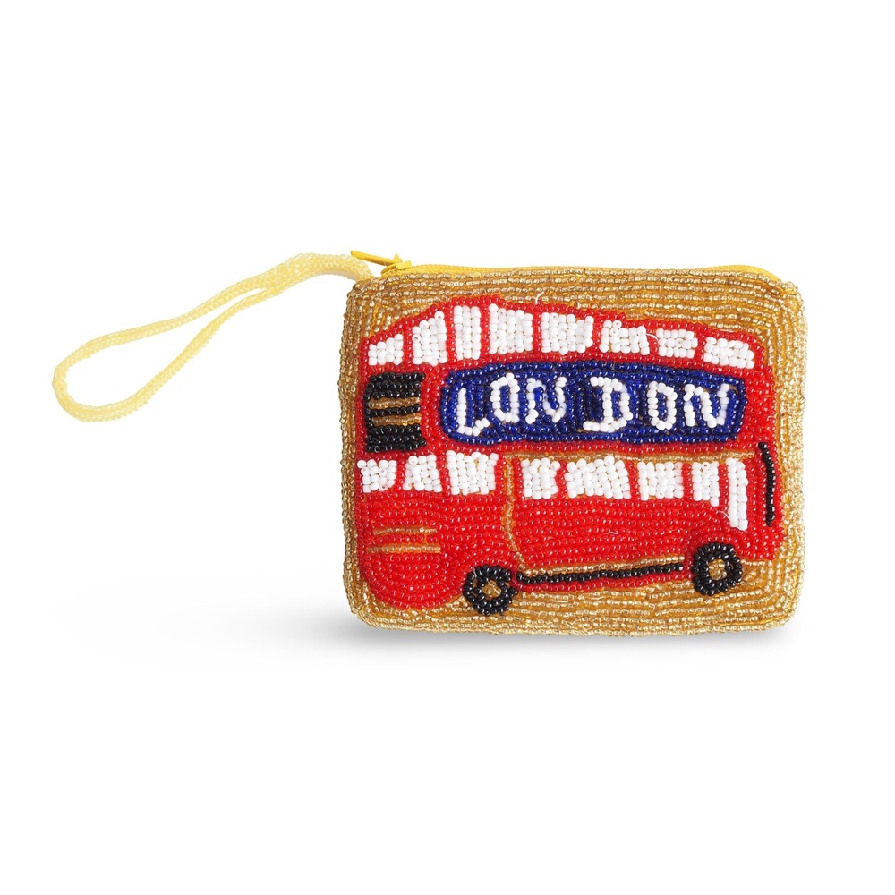 Vintage London Double Decker Bus Beaded Coin Purse Gold Red Travel Souvenir